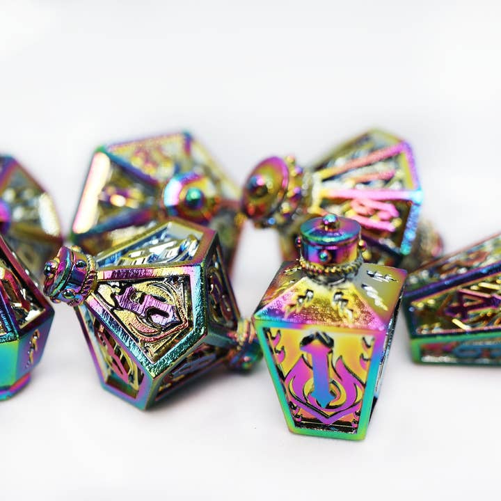 Moonlit Lantern: Prismatic Flames - Metal RPG Dice Set for wholesale by Foam Brain Games