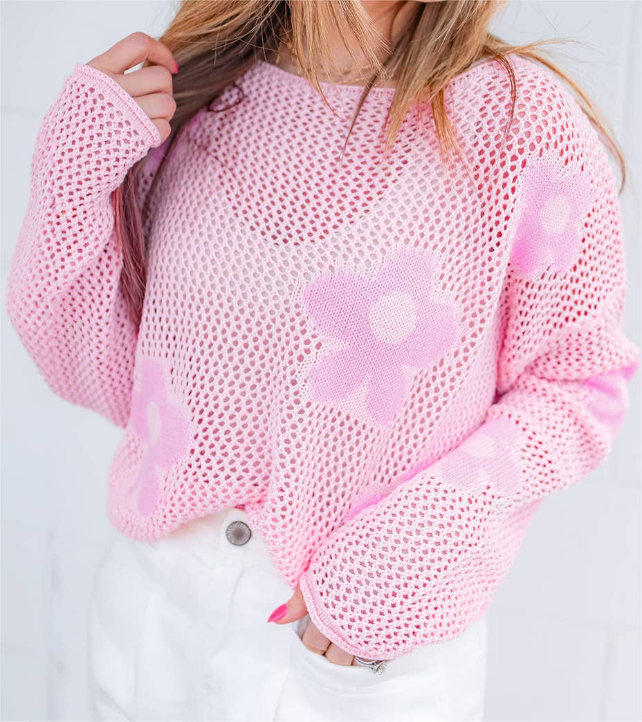 Light Pink Big Flower Hollowed Knit Drop Shoulder Sweater for wholesale on Faire