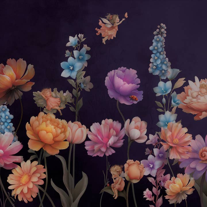 Fairy Wallpaper, Enchanted Village Nursery Mural Dark Version for wholesale by Prime Decor Wallpaper