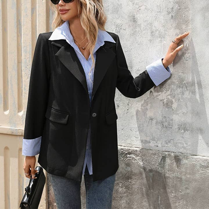 Black Casual Striped Shirt Patchwork Two-in-One Blazer BFZY1757 for wholesale on Faire2