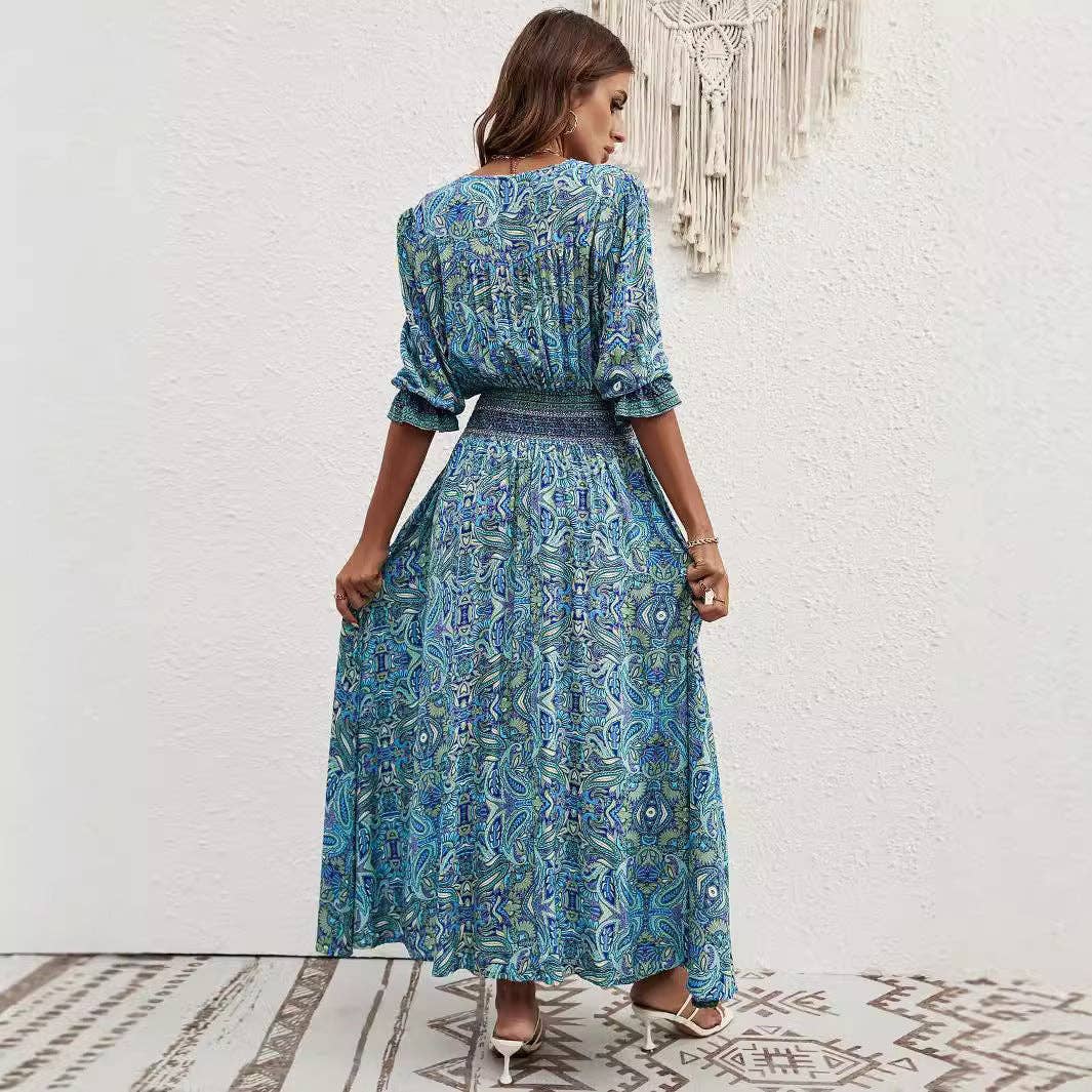 Masyal - Vente Robe – femme - Robe boutonnée à manches trois-quarts style bohème6