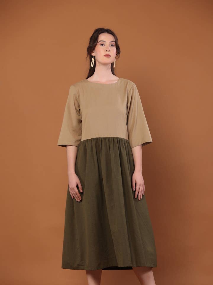2-Tone Dress in Camel and Moss Green for wholesale by Pana Mina