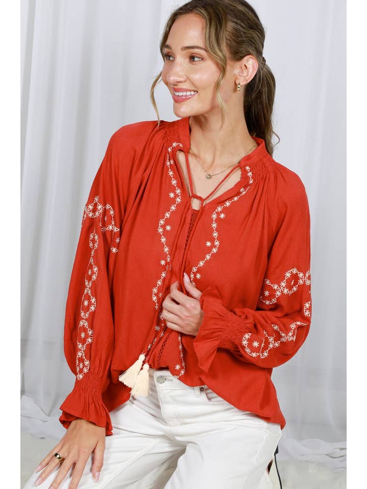 Vine & Love - Wholesale Blouse - Women's - Tie Neck Tassel Detail Floral Embroidered Blouse TopVT82493-13