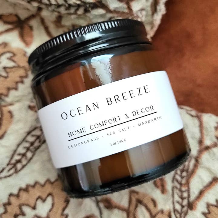 Bougie de soja en verre ambré au sel de mer et à la mandarine ~ 3 oz pour la vente par Home Comfort and Decor LLC