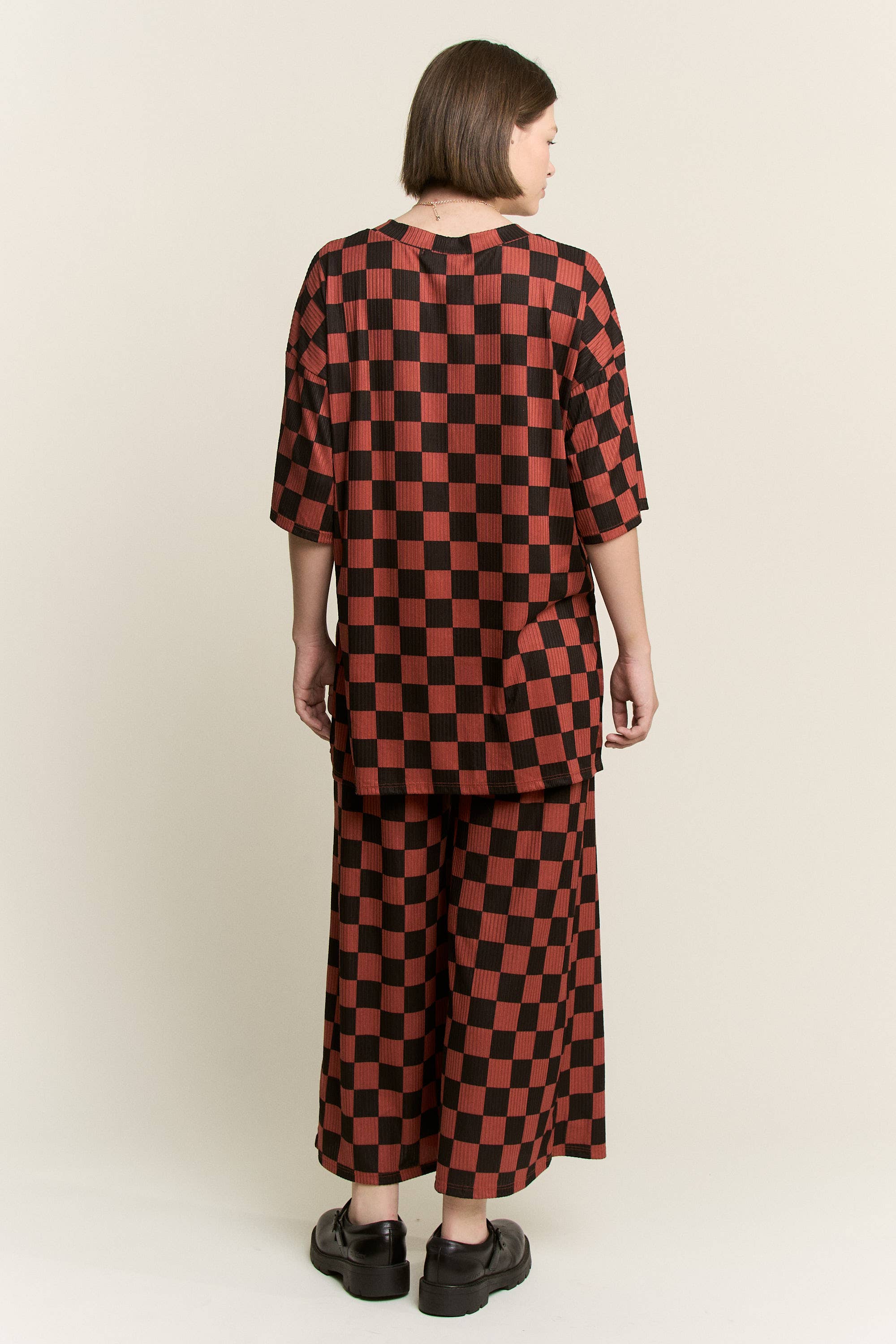 JADE BY JANE - Wholesale Lounge Set - Women's - RIBBED CHECKERED PRINT TOP/STRAIGHT LEG PANTS SET39