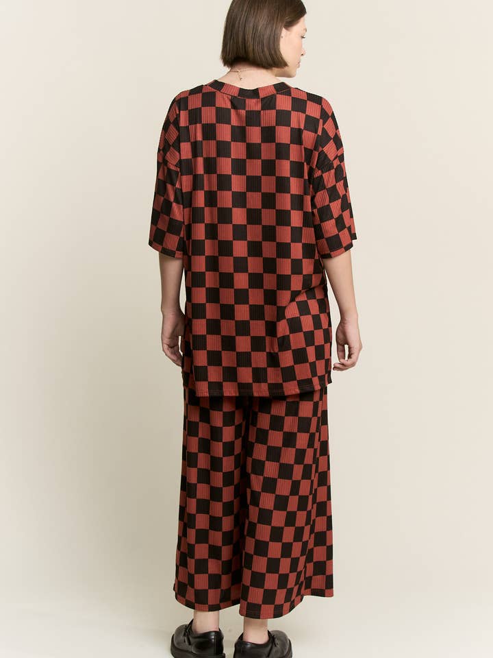 JADE BY JANE - Wholesale Lounge Set - Women's - RIBBED CHECKERED PRINT TOP/STRAIGHT LEG PANTS SET39