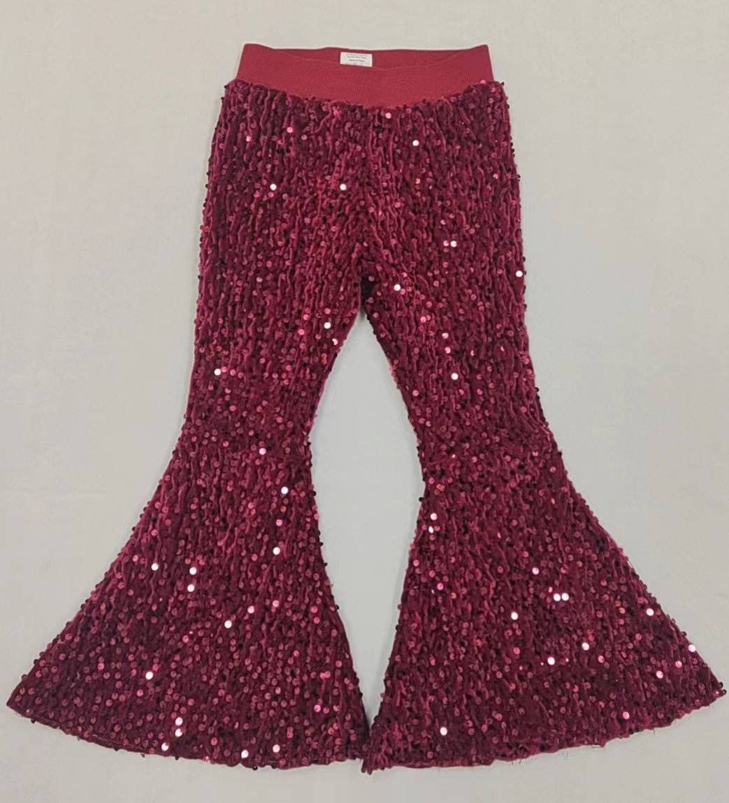 Aier Wholesale - Wholesale Pants - Kids - Baby Girls Maroon Sequin Bell Bottom Pants1