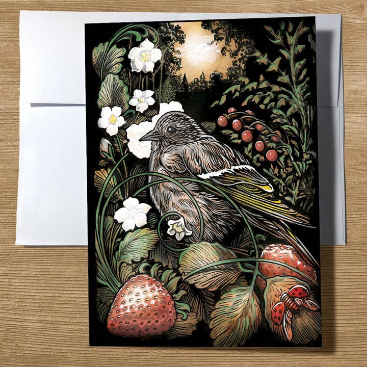 Sunny Days – wholesale Everyday greeting card – Pine Siskin in Strawberries