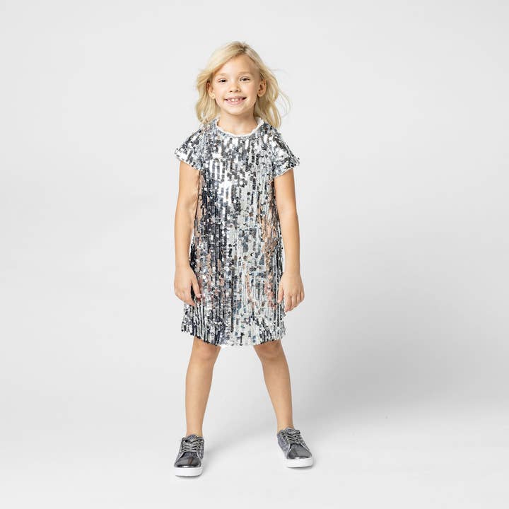 Coco Sequin Girls Party Dress, Silver for wholesale by Holly Hastie London