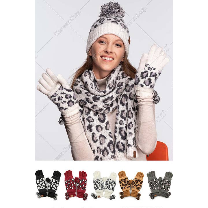 Hana - Wholesale Gloves - Women's - C.C pom leopard jacquard knit glove6