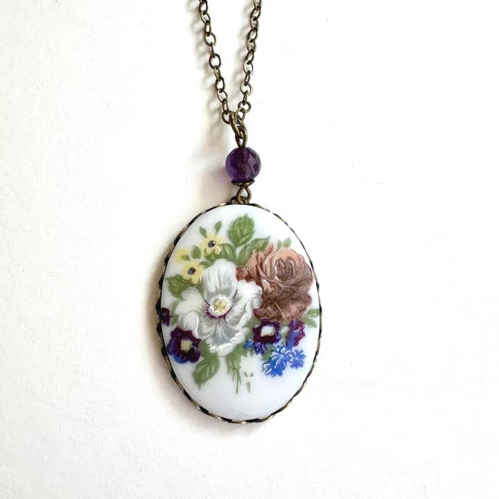 Vintage glass flower bouquet necklace, brass chain for wholesale by Botanical Bird
