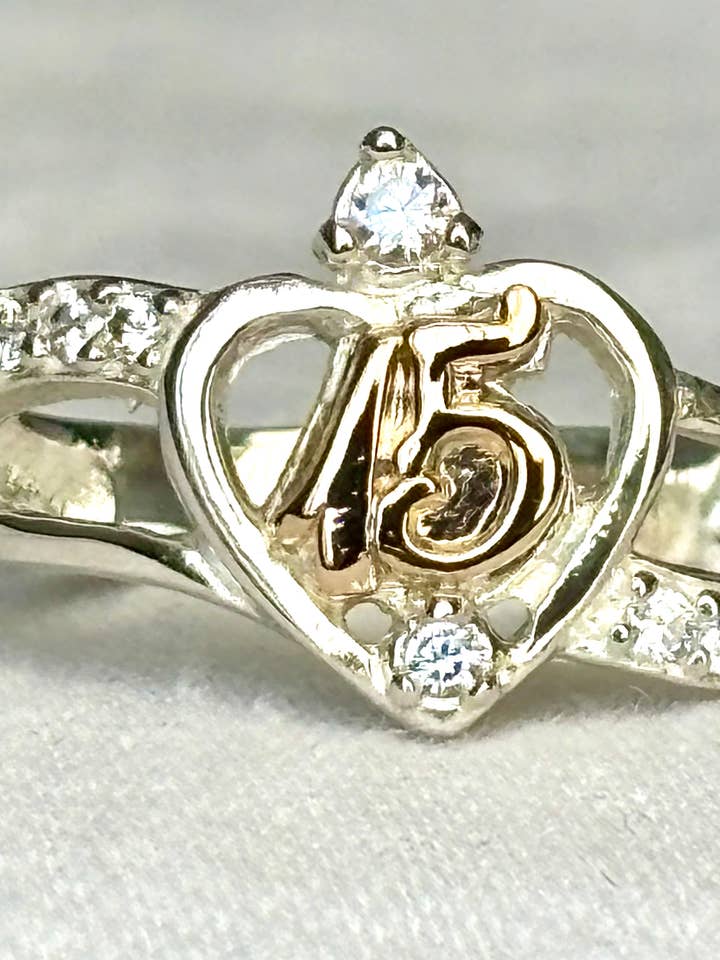 Quinceañera “15” Heart Ring in 925 Silver & 10k Gold for wholesale by QURI