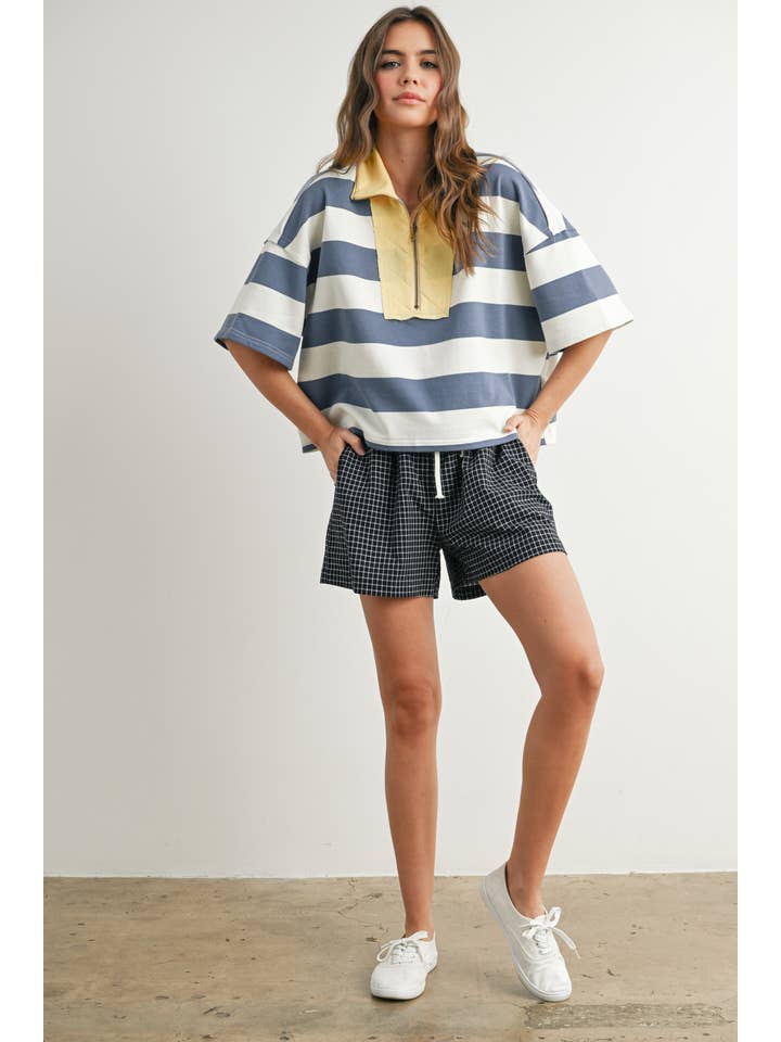 BLUE MULTI Oversized Striped Zip-Up Polo Shirt - BMT7711 for wholesale on Faire9