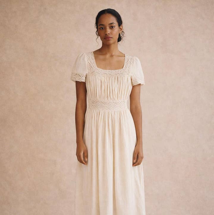 Cream Cotton Gauze Lace Midi Dress - Theodosia Dress for wholesale by Atèlette