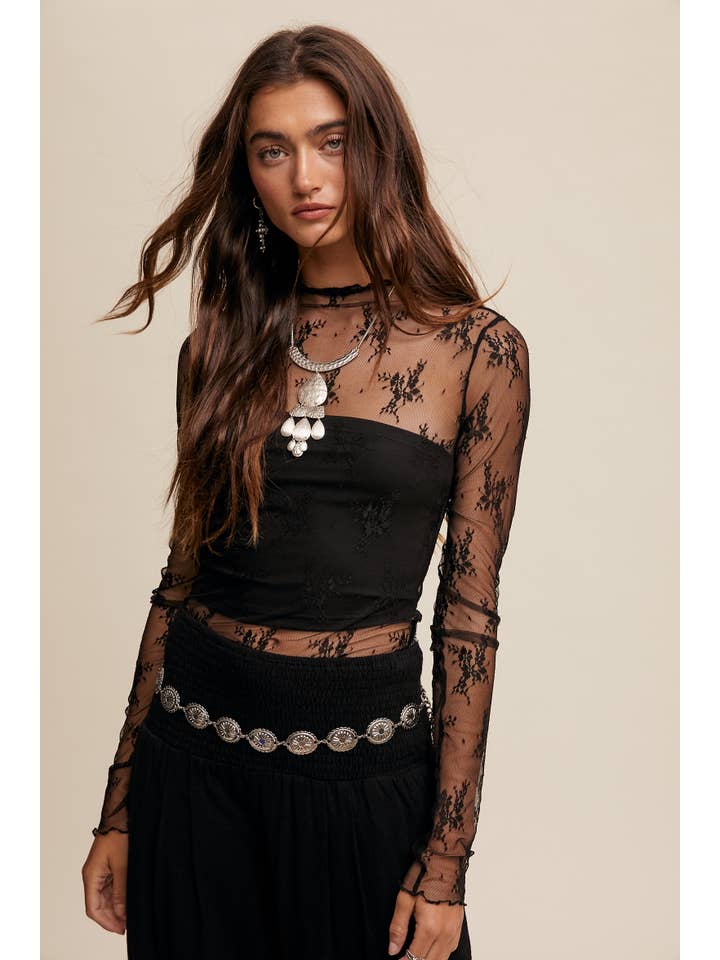 Listicle - Wholesale Blouse - Women's - Sheer Lace Long-Sleeve Top17