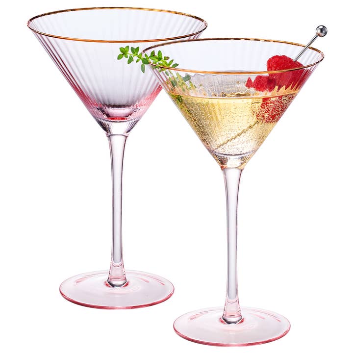 The Wine Savant / Khen Glassware - Wholesale Cocktail/Liquor Glass - Vintage Blush Pink Gold Rim Colored Martini Glasses | 2 Set