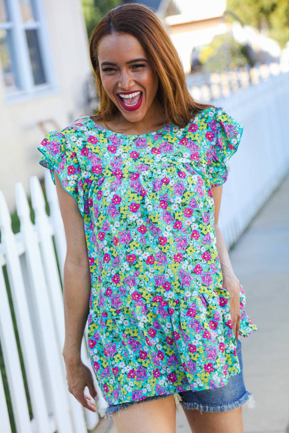 Promenade - Wholesale Blouse - Women's - All For You Mint Floral Yoke Flutter Sleeve Keyhole Back Top (Open Pack)8