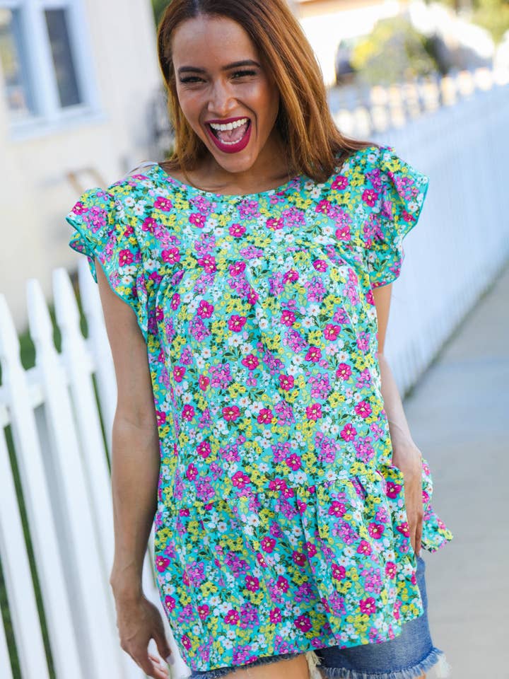 Promenade - Wholesale Blouse - Women's - All For You Mint Floral Yoke Flutter Sleeve Keyhole Back Top (Open Pack)8