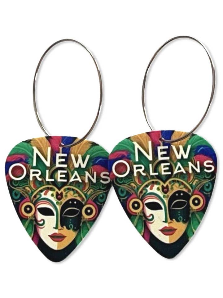 Boucles d'oreilles New Orleans Masquerade Single Guitar Pick pour la vente par Groupie Love