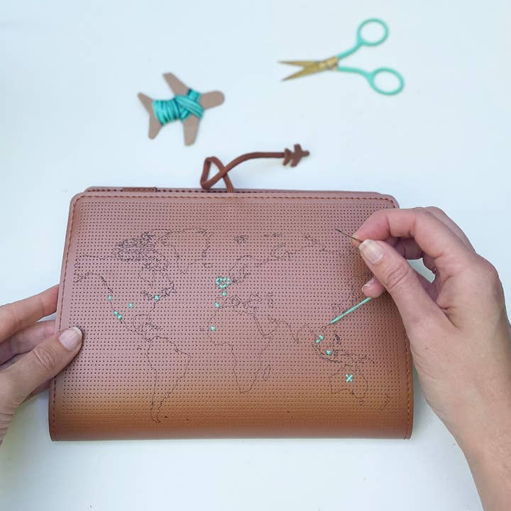 Stitch Your Travels Map Notebook Kit - Vegan Brown Leather for wholesale by Chasing Threads
