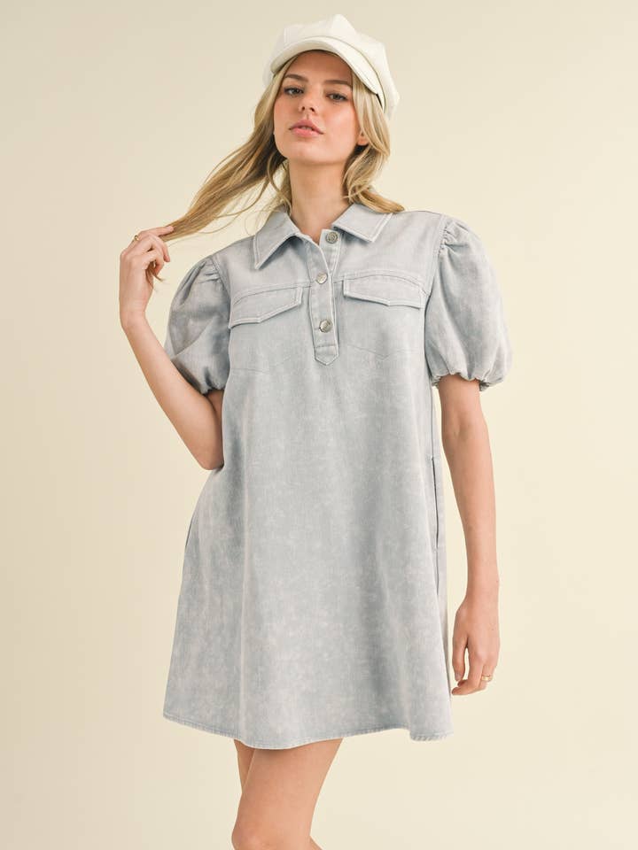 WASHED DENIM PUFF SLEEVE COLLAR MINI DRESS MDR3132 for wholesale by &MERCI