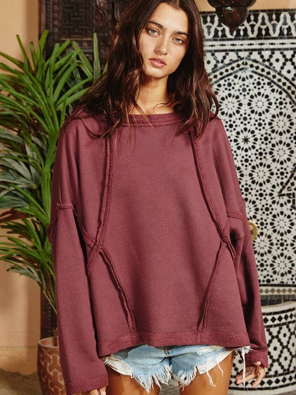 BUCKETLIST INC - Wholesale Sweatshirt - Women's - T1153-1 Oversized Solid Raw Edge Detail Long Sleeves Top28