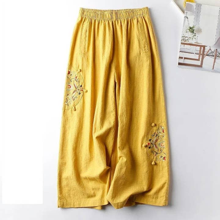 UZ Wholesale Store - Wholesale Pants - Women's - Vintage Embroidered Wide-Leg Cropped Pants