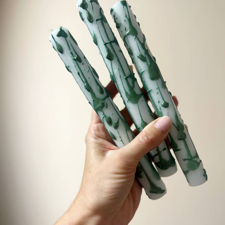 Cornish Glow - Wholesale Tapered Candle/Candlestick - Forest Green Splash Christmas Dinner Candles - 3 pack (Copy)