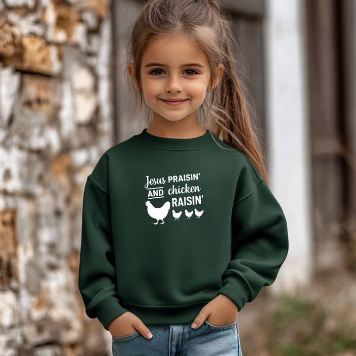 Jesus Praisin’ and Chicken Raisin’ Youth Sweatshirt – Farm Life Faith Crewneck for Kids for wholesale by Pressed in Chaos