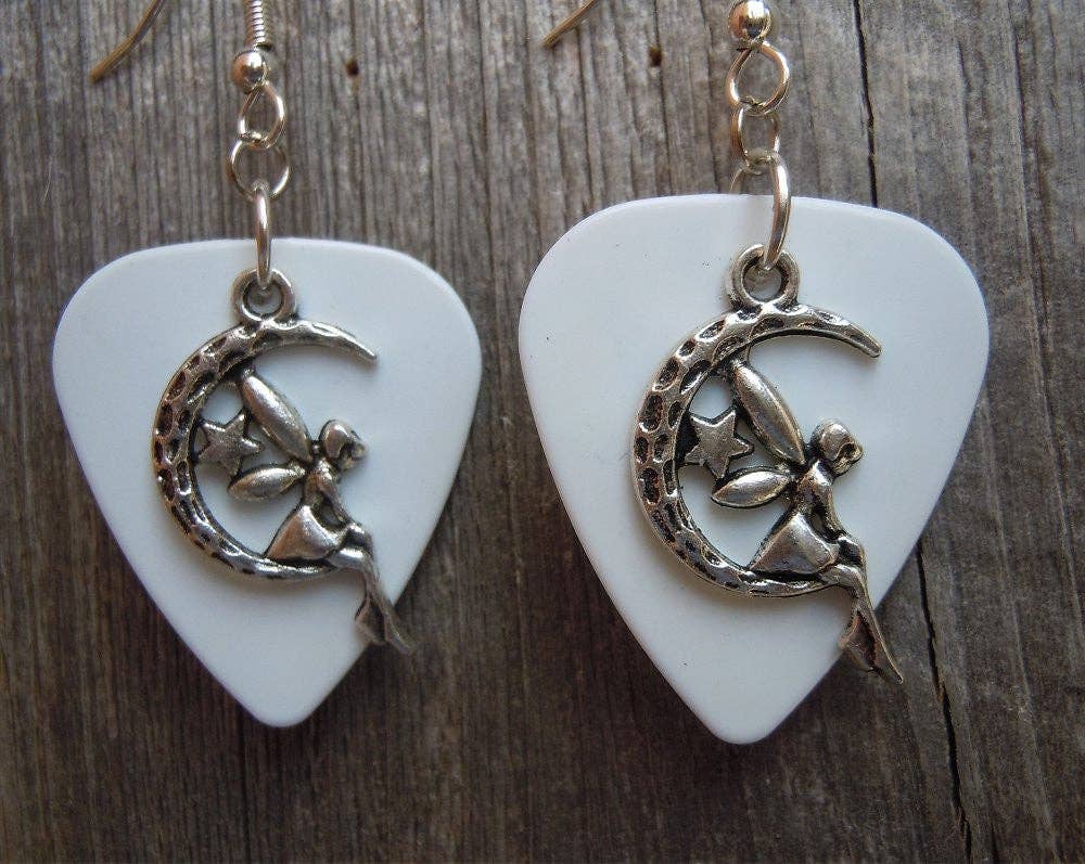 Simply Raevyn - Wholesale Dangle Earrings - Fairy on the Half Moon Charm Guitar Pick Earrings23
