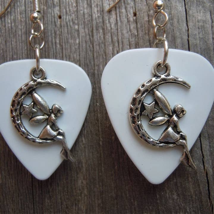 Simply Raevyn - Wholesale Dangle Earrings - Fairy on the Half Moon Charm Guitar Pick Earrings23