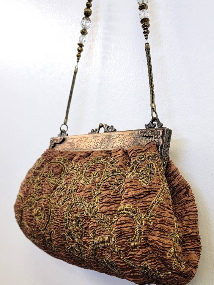 VINTAGE CLASSIC CRINKLED SATIN EMBROIDERED BAG #21088 brown for wholesale by Ricki designs