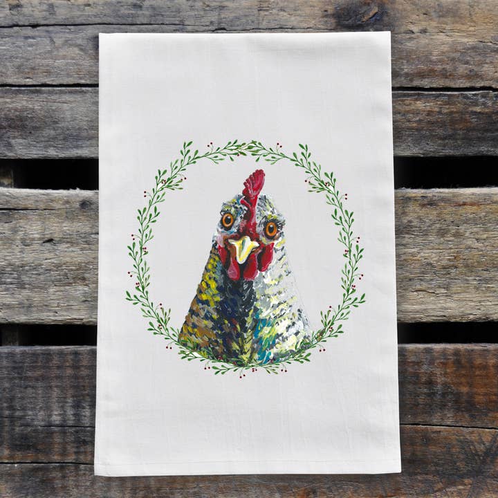 Chicken Tea Towel, Farmhouse Chicken Flour Sack Towel for wholesale by Hippie Hound Studios
