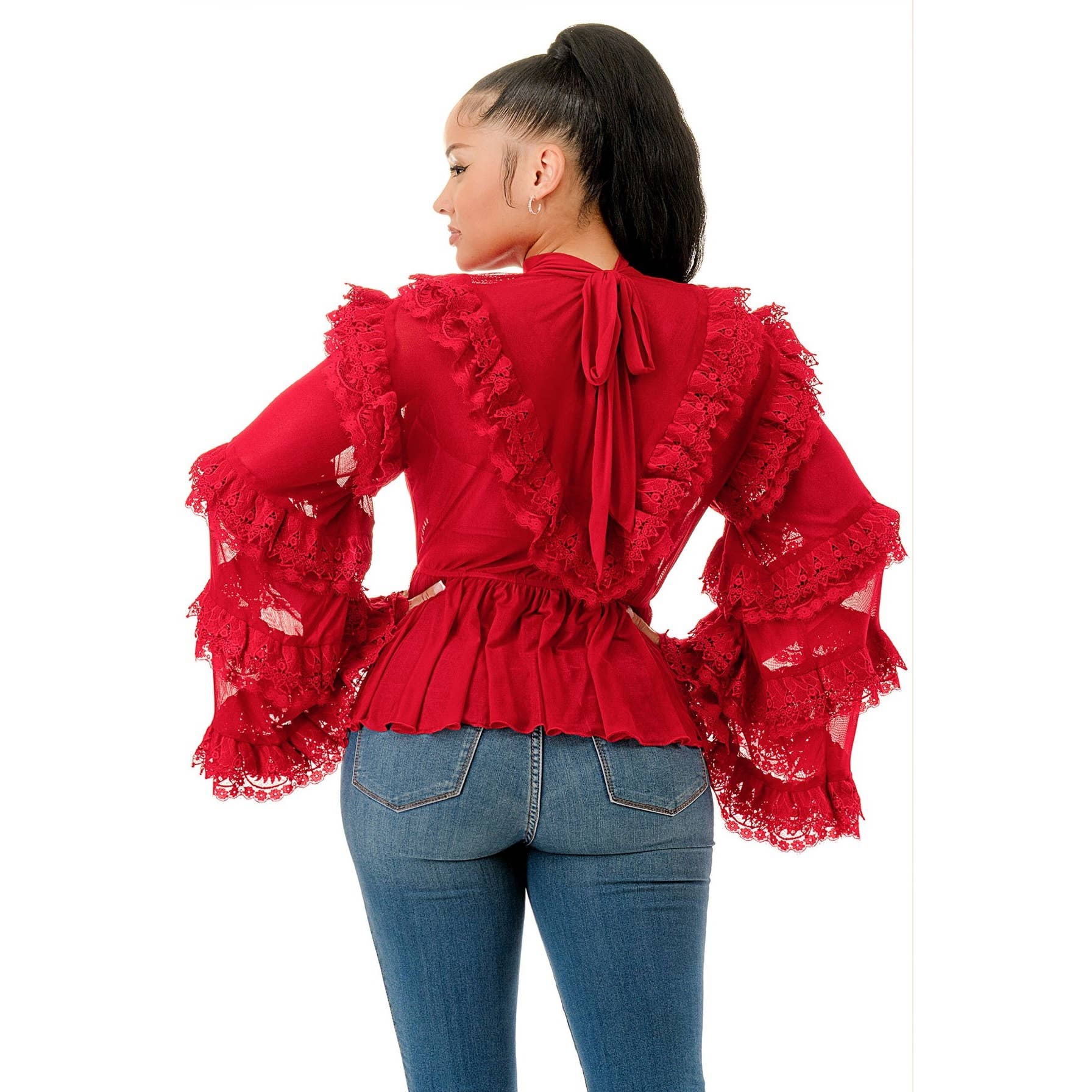 DORCAS - Wholesale Blouse - Women's - Plus Size Long Sleeve Ruffle Lace Blouse Top1