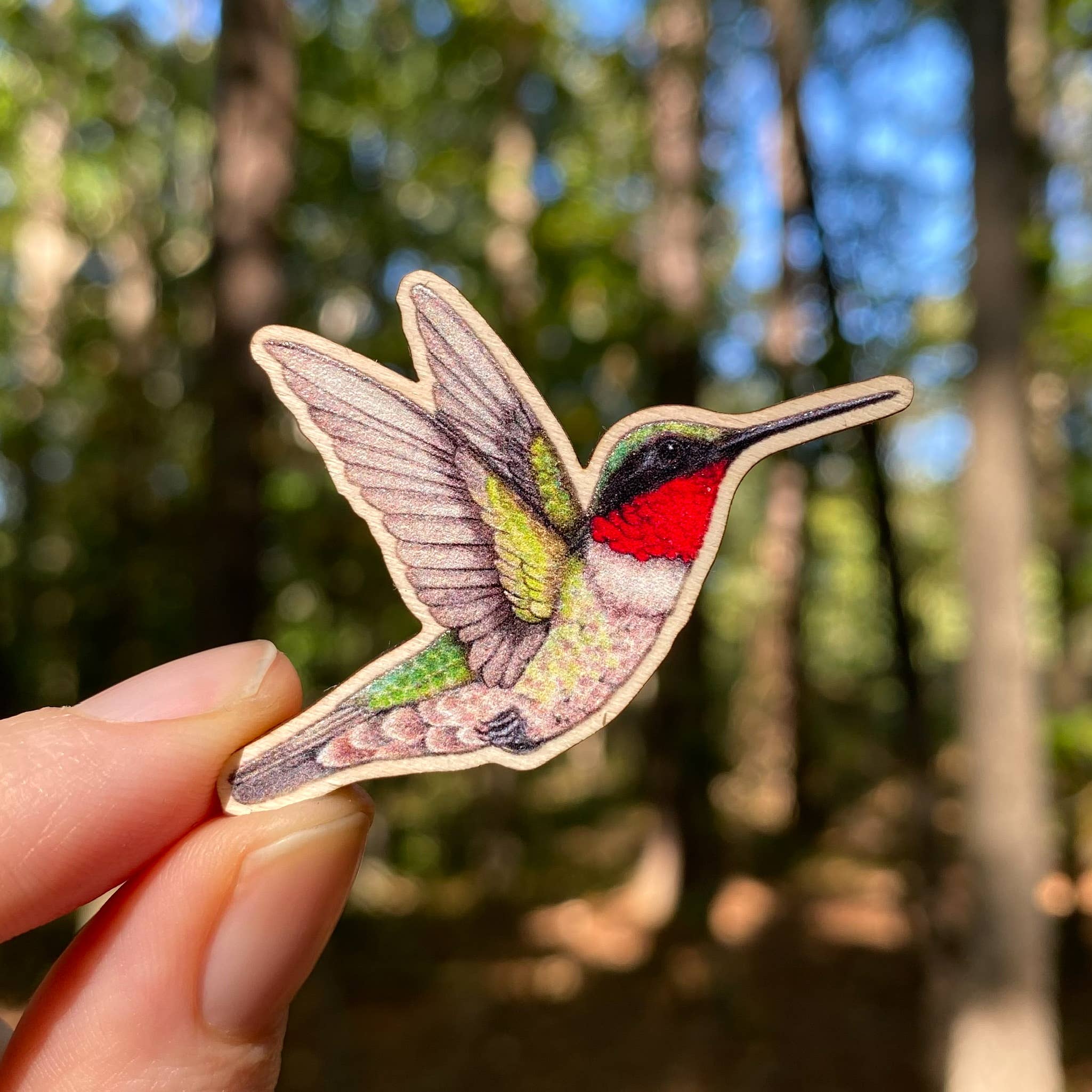 Allison Stoiser Art - Wholesale Lapel Pin/Button - Male Ruby-Throated Hummingbird Wooden Pin  (Sustainably Sourced)1