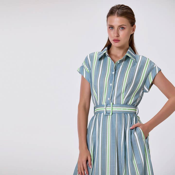 Striped shirt dress with belt for wholesale by Smart and Joy