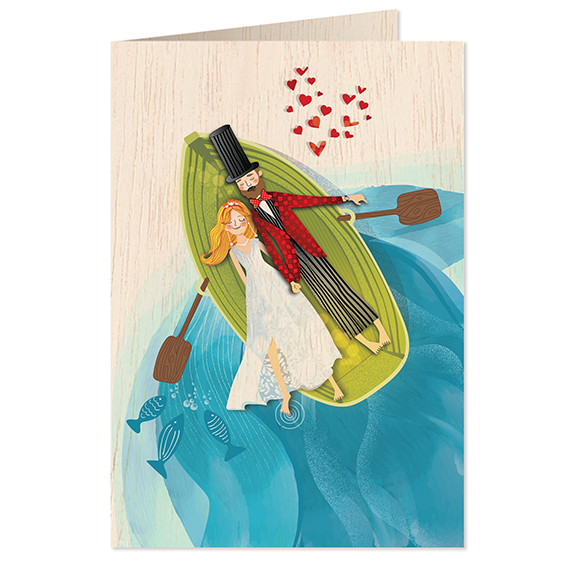 Cozywood – Engroshandel Bryllupskort – Nygifte på en båd Træ lykønskningskort1