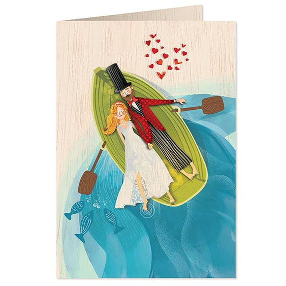 Cozywood – Engroshandel Bryllupskort – Nygifte på en båd Træ lykønskningskort1