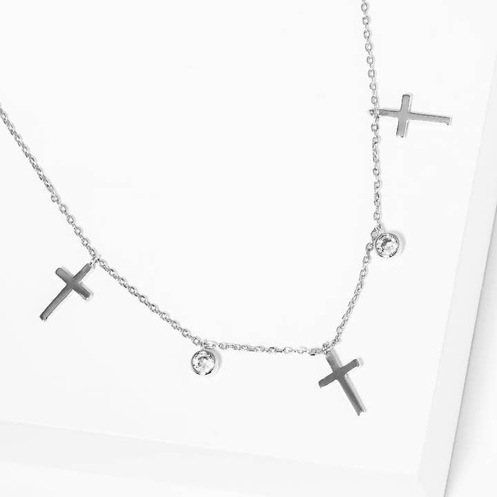 Wild Honey - Wholesale Pendant/Charm Necklace - 18K Gold Dipped Cubic Zirconia Cross Station Necklace2