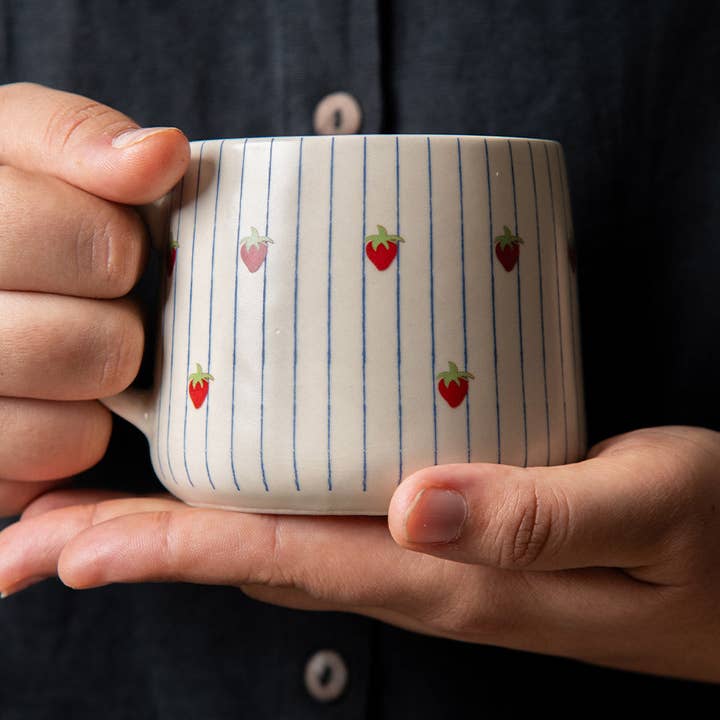 Casa Amarosa - Wholesale Coffee Mug - Strawberry Striped Ceramic Mug - 3.5 x 3 Inches3