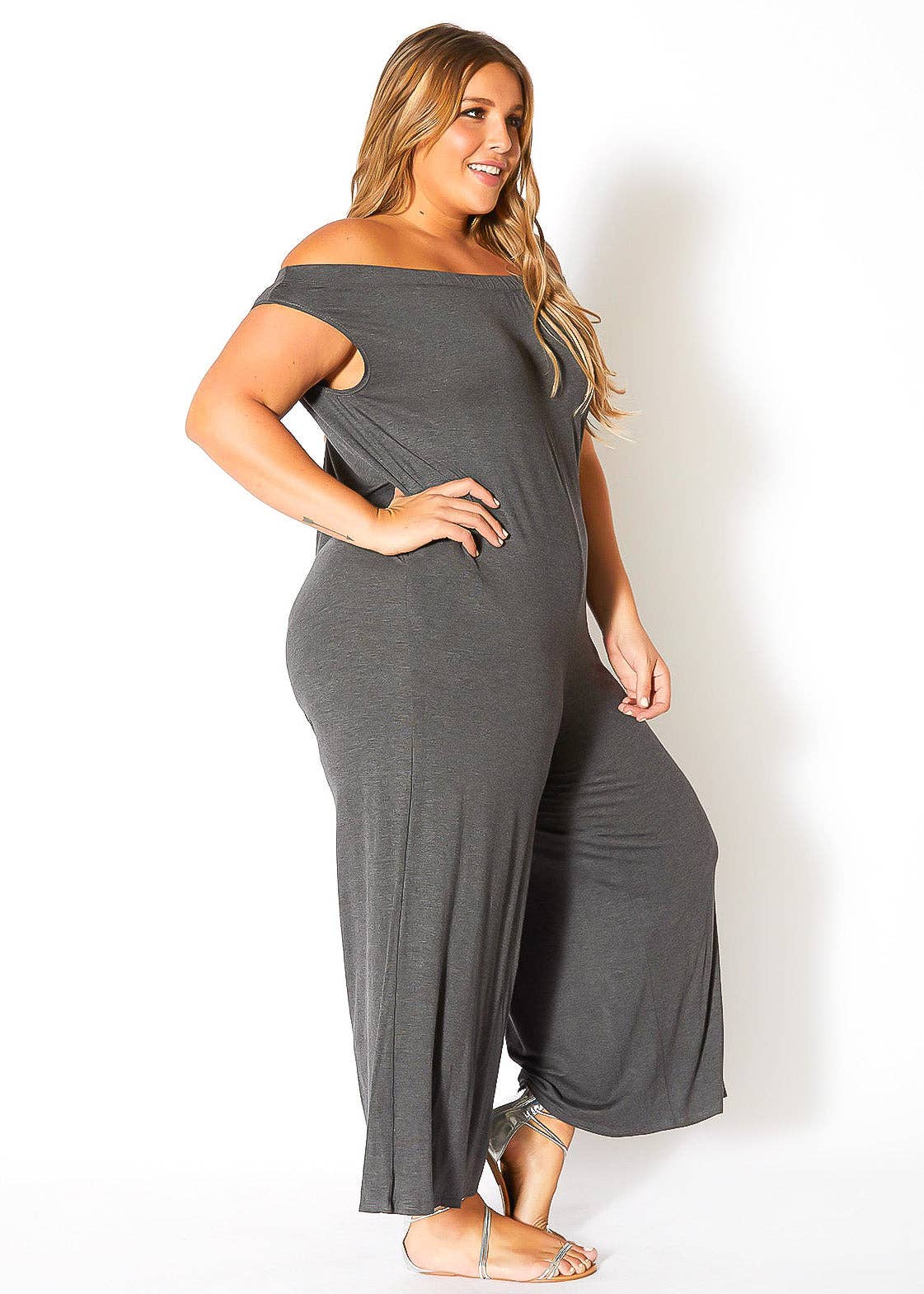 Robin K - Wholesale Jumpsuit - Women's - Bellatrix Plus Size Off Shoulder Wide Leg Jumpsuit1