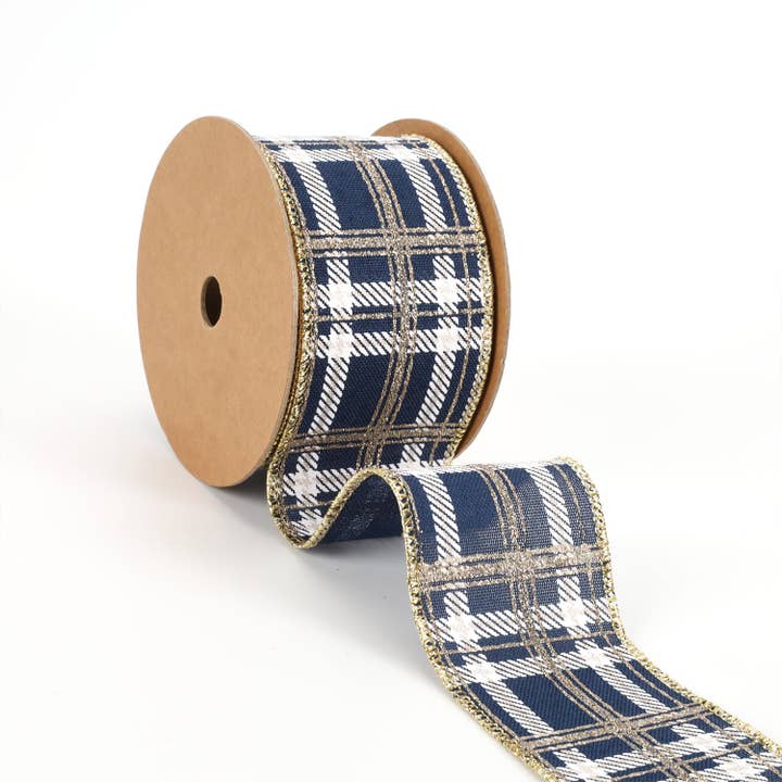 LA Ribbons Wholesale - Wholesale Ribbon - Gift Wrapping - 2 1/2" Printed Wired Ribbon | Plaid Blue/White/Gold