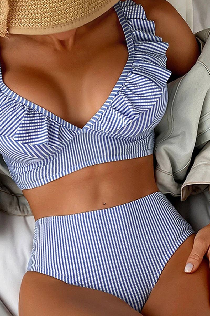 NINEXIS - Wholesale Two Piece Swimsuit - Women's - CWMW0794_STRIPED HIGH WAISTED V-NECK RUFFLED SWIMSUIT4