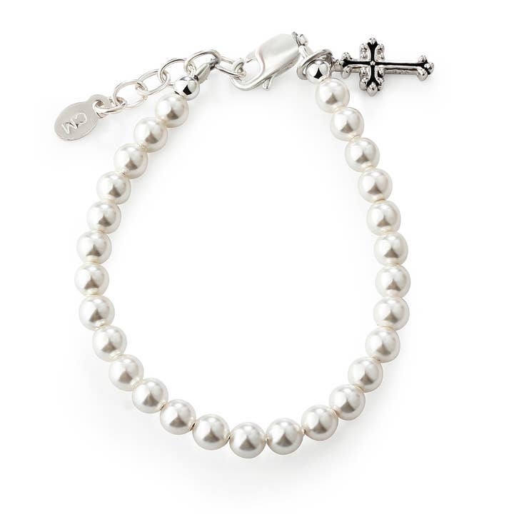 Cherished Moments - Wholesale Beaded Bracelet - Kids - Girls Silver Pearl Cross Baby Baptism and Communion Bracelet