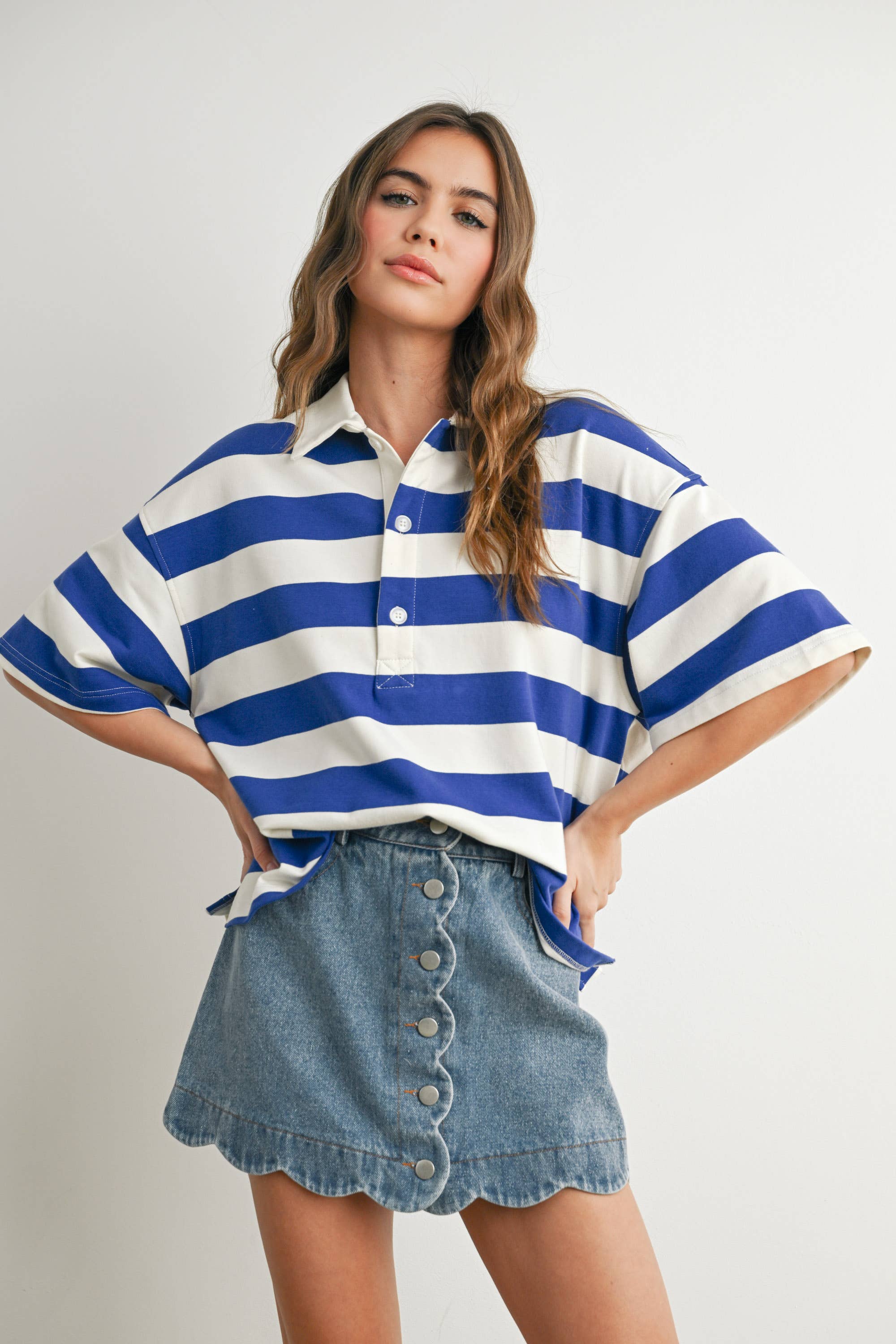 BUTTERMELON - Wholesale Polo - Women's - Striped Oversized Polo Shirt - BMT771033