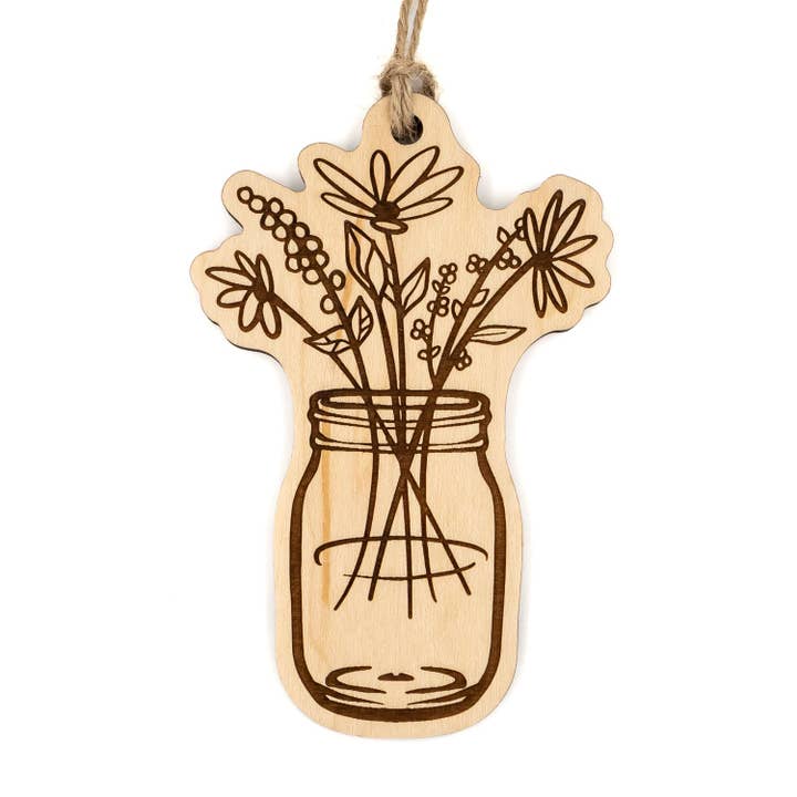 Mason Jar with Flowers Wood Ornament for wholesale by Steamer Lane Design