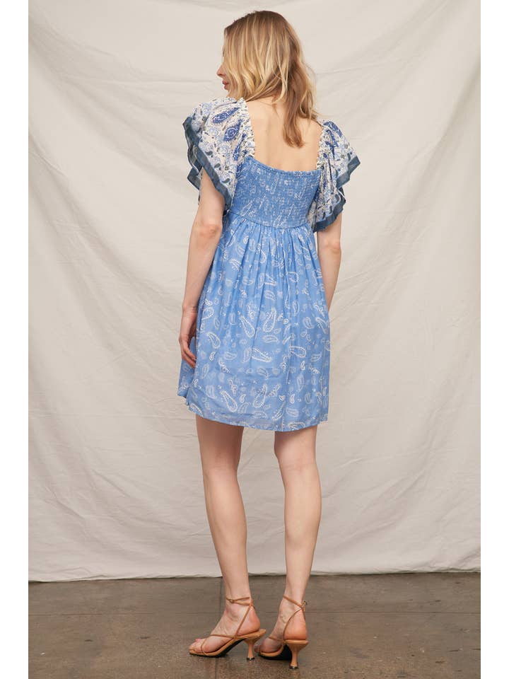 Blue Ivory Paisley Print Flutter Sleeve Mini Dress for wholesale on Faire