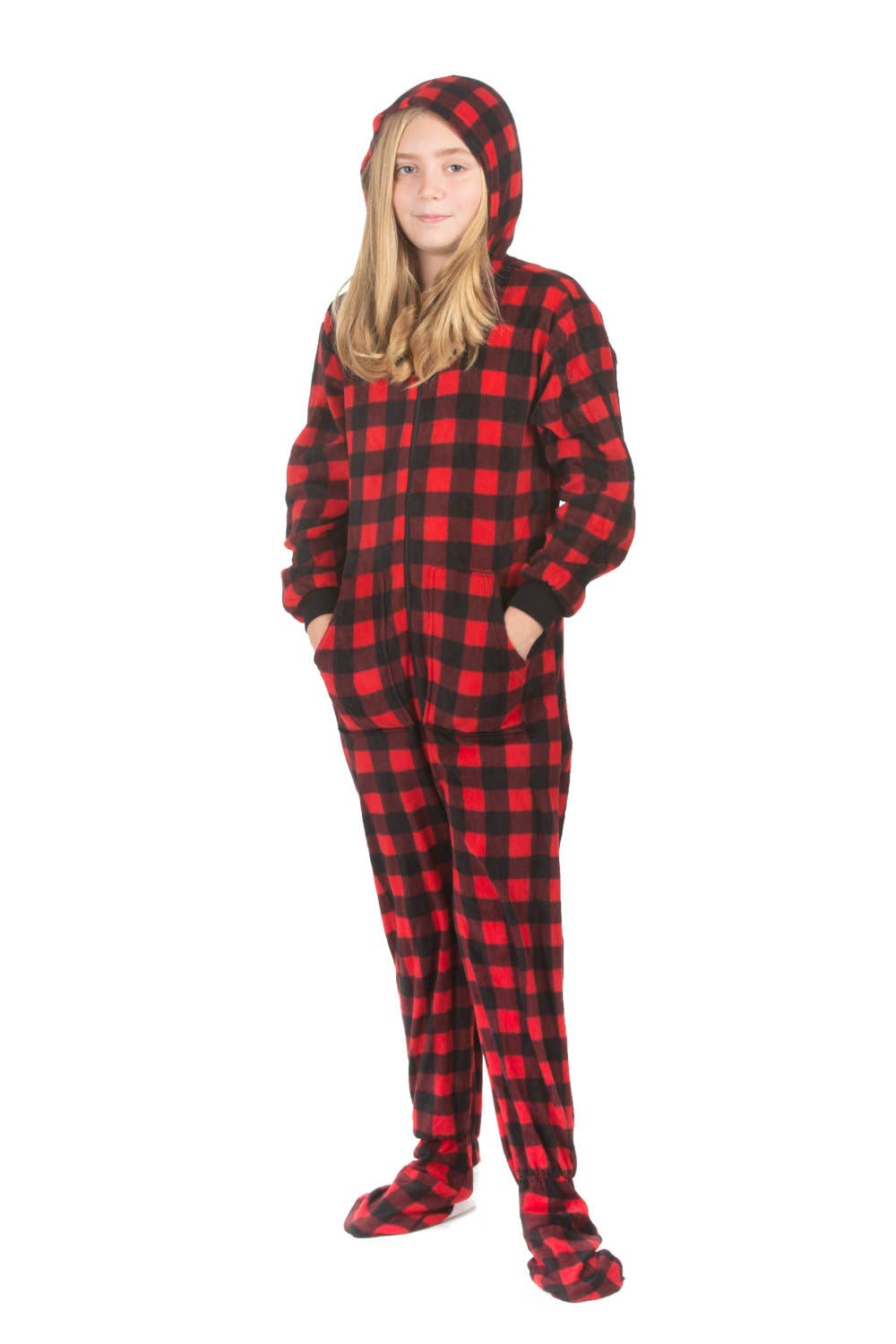 Big Feet Pajamas – Großhandel Einteiler – Kinder – Hoodie Footed Onesie Buffalo Fleece-Pyjamas mit Karomuster5