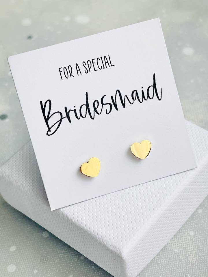 Pendientes de tuerca con forma de corazón dorado especiales para dama de honor, regalo para venta al por mayor de The Gift Club