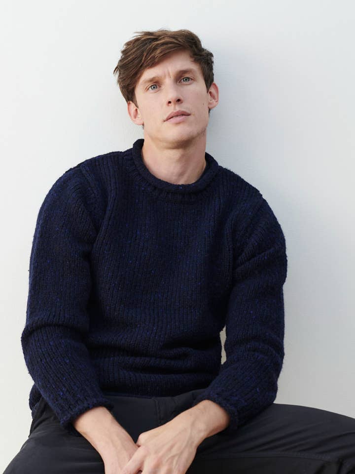 Raheen Tweed Roll Neck Mens Sweater - Navy for wholesale by Aran Woollen Mills